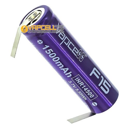 14500 Vapcell F15 1500mah 3.7V 3A висока реальна ємність, із виводами під пайку