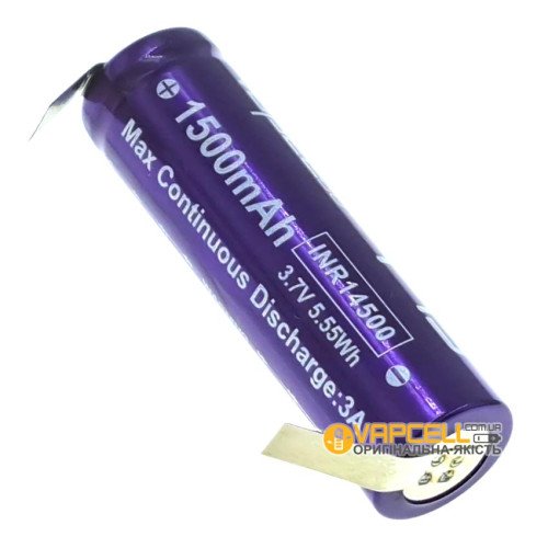 14500 Vapcell F15 1500mah 3.7V 3A висока реальна ємність, із виводами під пайку