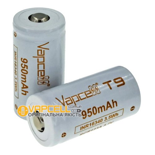 16340 CR123A Vapcell T9 950mah 3.7V 3A без захисту, стандартна довжина 34мм, реальна висока ємність