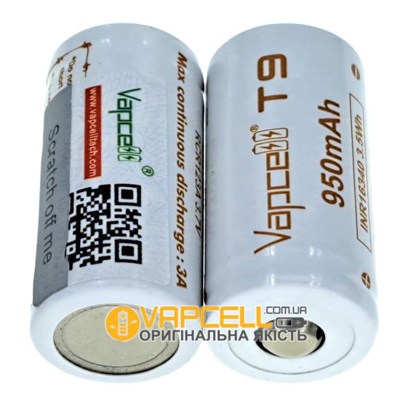 Акумулятор літій-іонний Li-ion 16340 CR123A RCR123A INR Vapcell T9 950mah 3.7V 3A без захисту, стандартна довжина 34мм