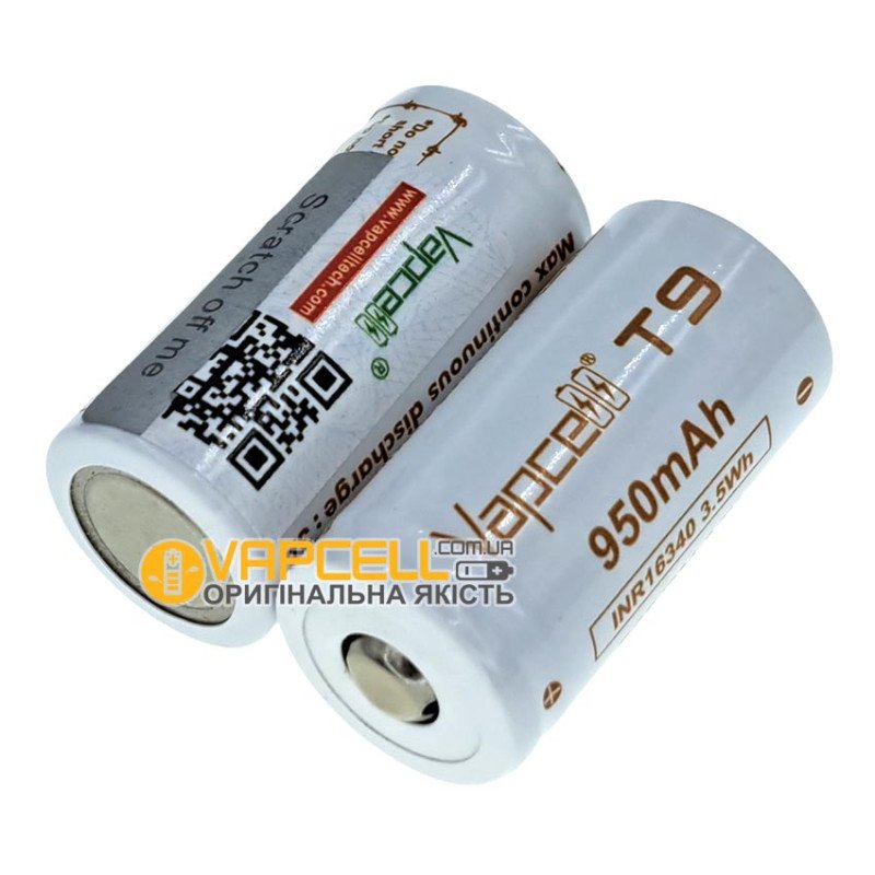 Акумулятор літій-іонний Li-ion 16340 CR123A RCR123A INR Vapcell T9 950mah 3.7V 3A без захисту, стандартна довжина 34мм