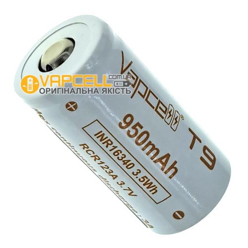 16340 CR123A Vapcell T9 950mah 3.7V 3A без захисту, стандартна довжина 34мм, реальна висока ємність